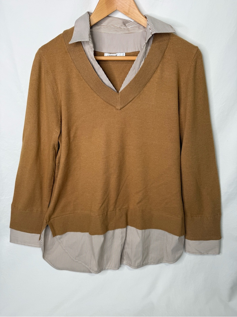 Chico’s Size 2 L Brown Layered Look Sweater Shirt Striped Collar Tunic Top
